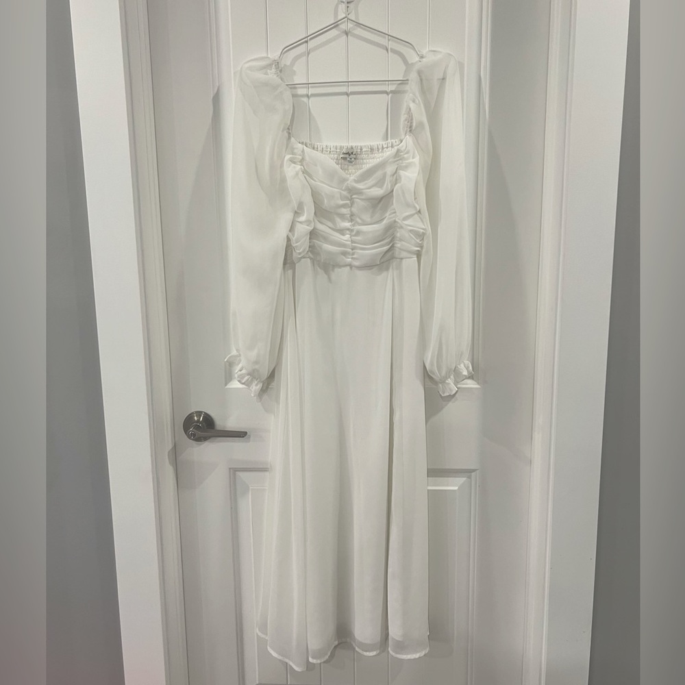 Long sleeve, White Midi Dress